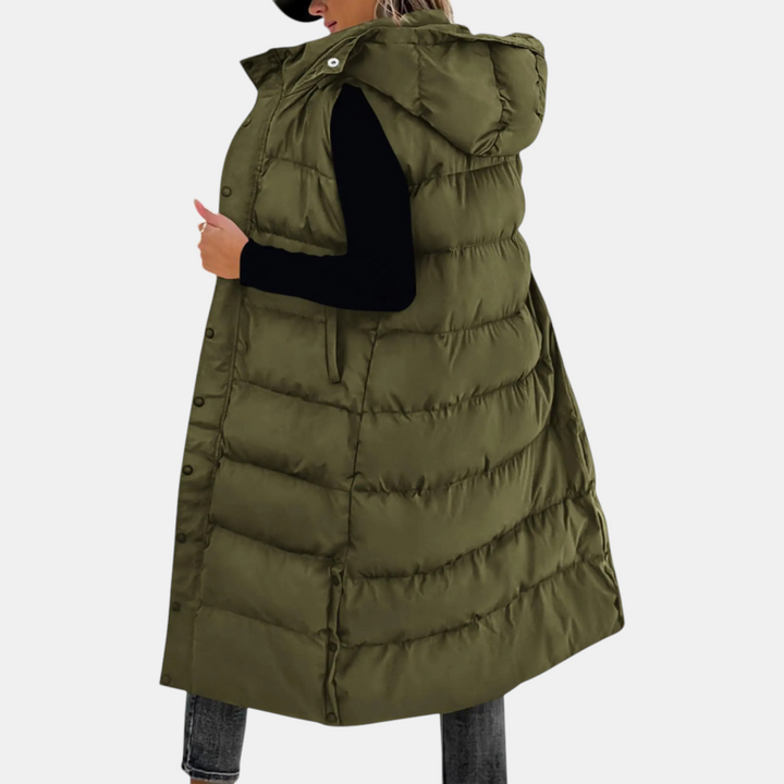 Chaleco acolchado con capucha para mujer, largo maxi, con botones