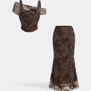 Conjunto de Vestido Largo de Sirena con Bordado de Malla para Mujer