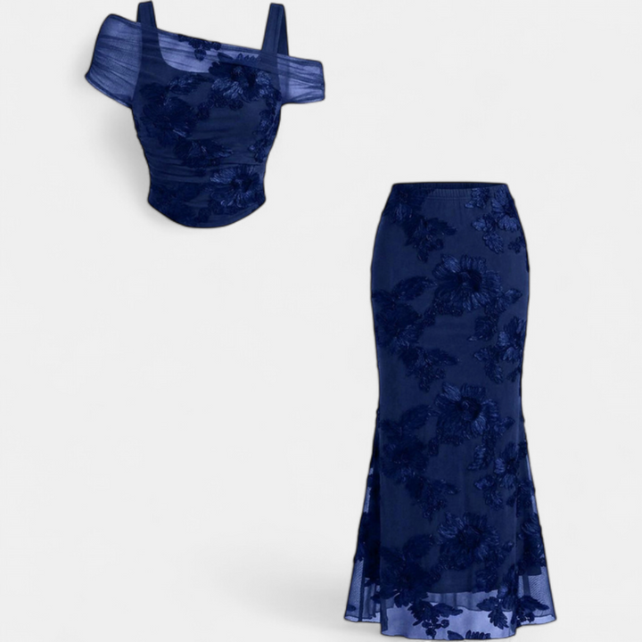 Conjunto de Vestido Largo de Sirena con Bordado de Malla para Mujer