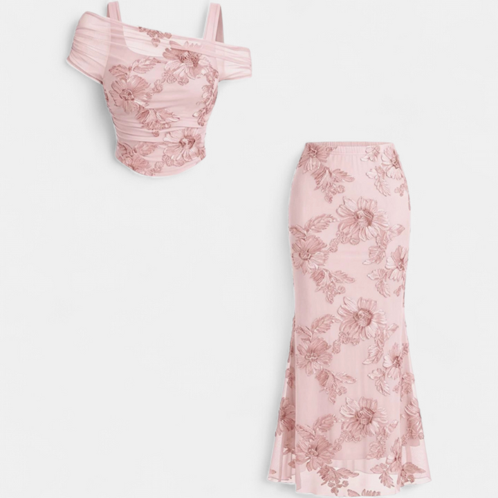 Conjunto de Vestido Largo de Sirena con Bordado de Malla para Mujer