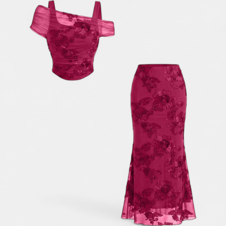 Conjunto de Vestido Largo de Sirena con Bordado de Malla para Mujer
